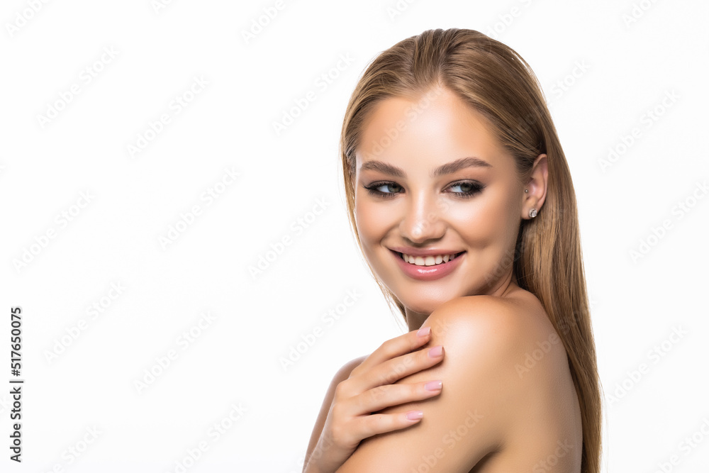 Beautiful sensual woman touching her face. Beauty and skincare concept. Spa. Isolated over white background Beautiful sensual woman touching her face. Beauty and skincare concept. Spa. Isolated over white background
