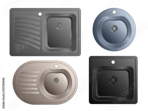 Realistic Ceramic Sink Icon Set
