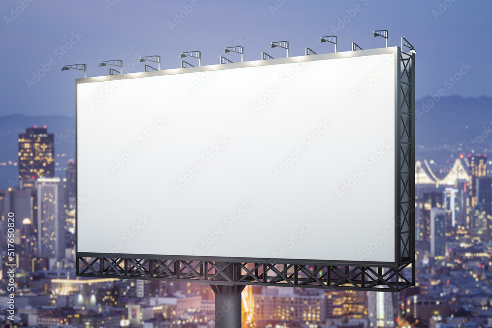 Blank white horizontal billboard on skyline background at evening, perspective view. Mock up, advertising concept Blank white horizontal billboard on skyline background at evening, perspective view. Mock up, advertising concept