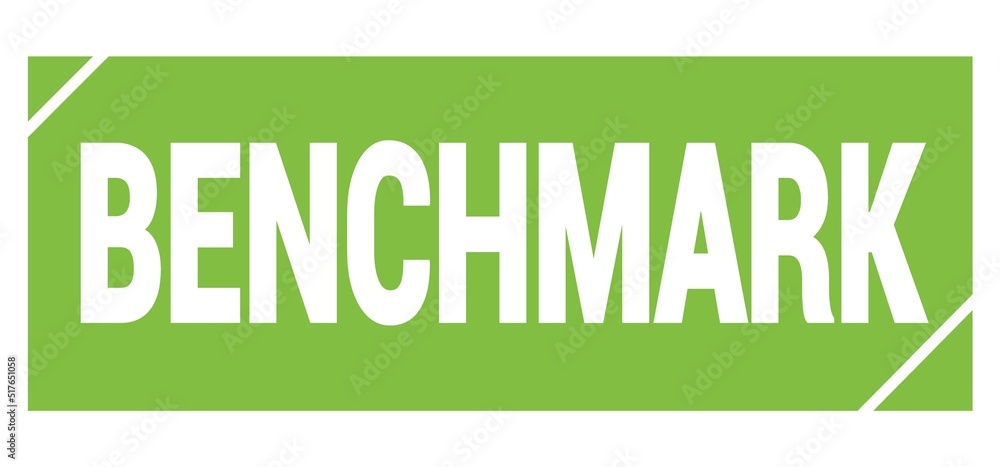 BENCHMARK text written on green stamp sign. BENCHMARK text written on green stamp sign.