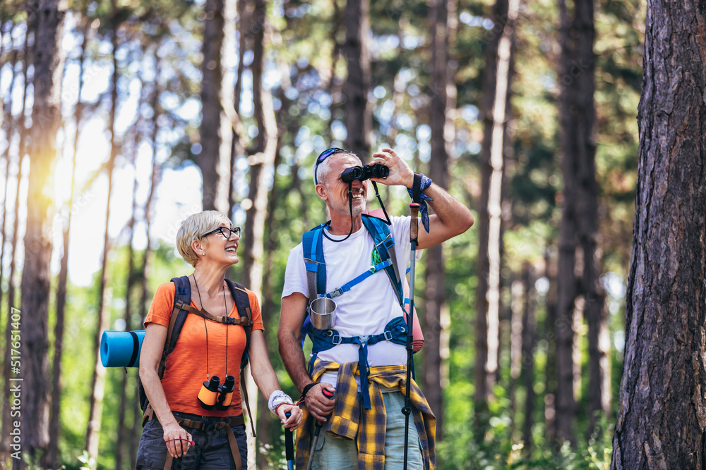 Senior couple hiking in forest wearing backpacks and hiking poles. Nordic walking, trekking. Healthy lifestyle.