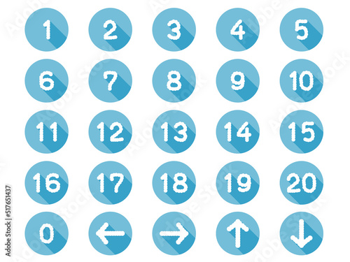 白い少しもこもこした0から20までの数字と矢印の円形アイコンのセット