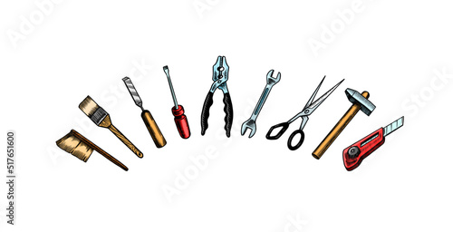 Home repair tools. Hammer, putty knife, ruler, roller, pliers, screwdriver, scissors, saw, file. T-shirt design. Vintage ink style. Vector doodle illustration for a poster or banner.