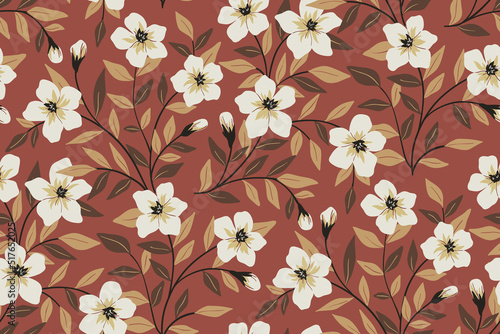 Seamless floral pattern with autumn botany, small flowers, foliage on branches. Decorative botanical background, ditsy print with hand drawn flowers, branches, leaves on brown field. Vector.