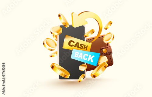 Mobile cash back service, financial payment Smartphone screen, buying with a refund coins. Vector