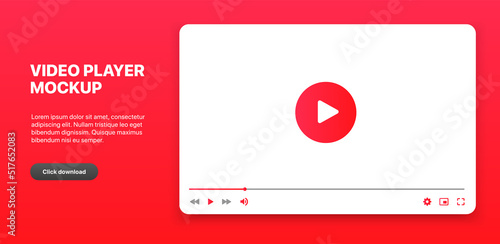Video player interface isolated on white background. Video streaming template. Mockup live stream window, player. Online broadcasting. Social media concept.