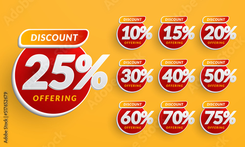 Red round glossy sale tags with different discount sets. 10, 15, 20, 30, 40, 50, 60, 70, and 75 percent. Vector illustration of a badge sticker label. Isolated on a yellow background photo