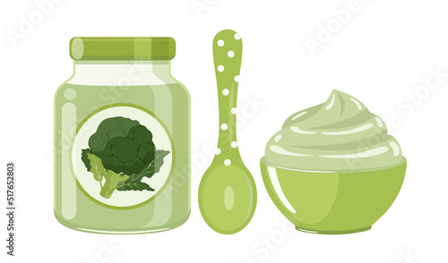 Broccoli baby food puree in glass jar with polka dot spoon and bowl, vector illustration isolated on white background