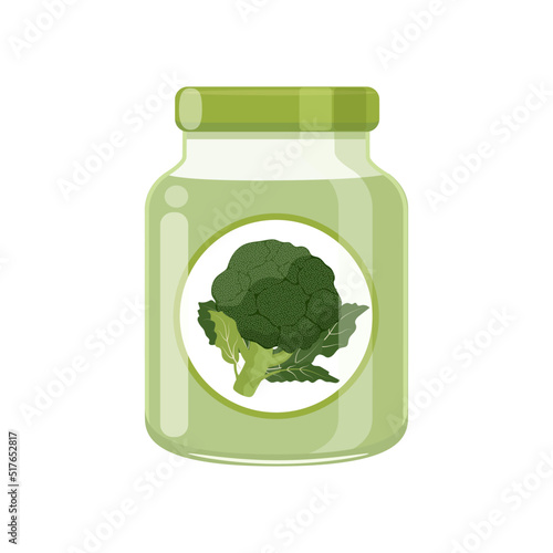 Broccoli baby food puree in glass jar, vector illustration isolated on white background