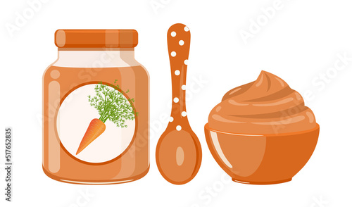 Carrot baby food puree in glass jar with polka dot spoon and bowl, vector illustration isolated on white background