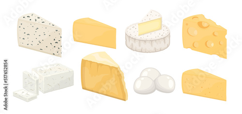 Cheese assortment, hard and soft, cow and sheep cheeses triangular pieces, vector Illustration on white banner background