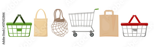Shopping accessories set: mesh and textile ecobags, paper bag, basket and shopping cart, vector Illustration on white background, banner