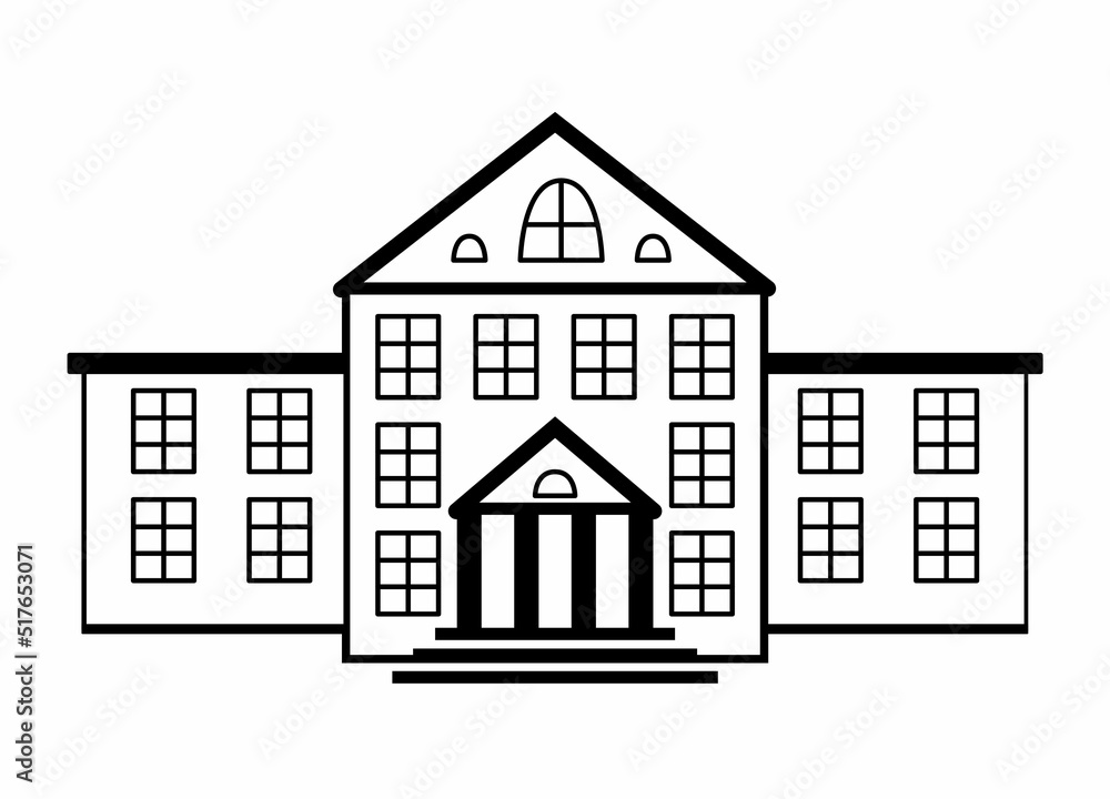 The building of a school or other educational institution. Facade of an architectural structure. Black and white illustration in geometric flat style. Entrance to the building with columns. The building of a school or other educational institution. Facade of an architectural structure. Black and white illustration in geometric flat style. Entrance to the building with columns.