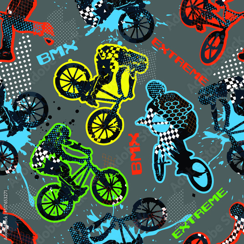 Abstract seamless grunge pattern for guys. Urban style background with boy on bicycle BMX. Sport extreme style creative wallpaper
