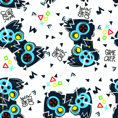 Abstract Seamless hand drawn pattern with joystick. Gamer elements for boy t-shirt design. Repeat print with gamepad sign for boys textile and more
