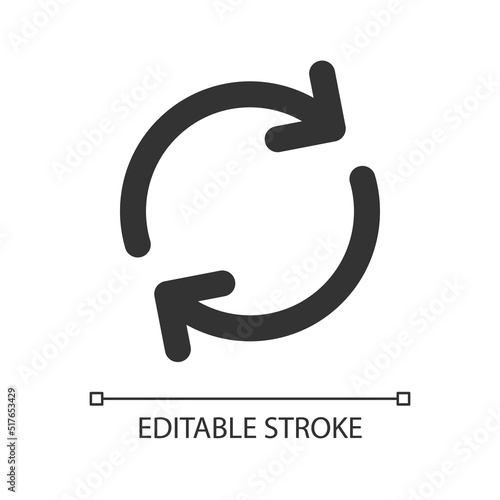 Synchronization pixel perfect linear ui icon. Rotating arrows. Sync process. Dock with device. GUI, UX design. Outline isolated user interface element for app and web. Editable stroke. Arial font used