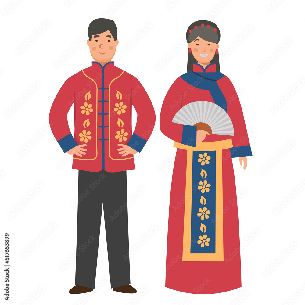Cartoon men's and women's china costume,  character for children. Flat vector illustration