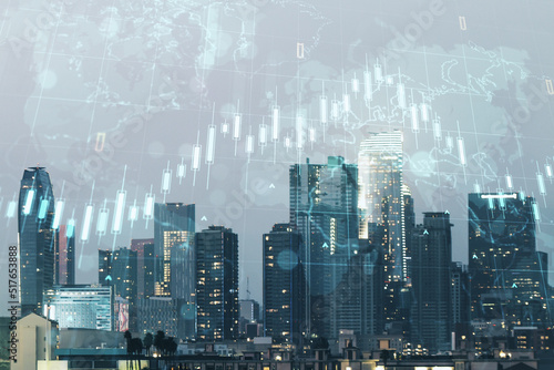 Multi exposure of virtual abstract financial chart hologram and world map on Los Angeles skyscrapers background, research and analytics concept © Pixels Hunter
