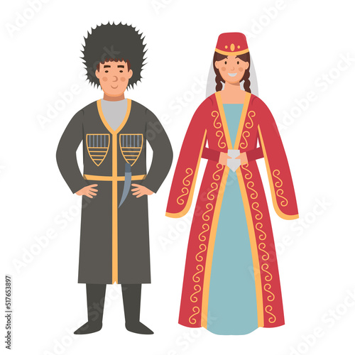 Cartoon men's and women's Georgia suit, character for children. Flat vector illustration