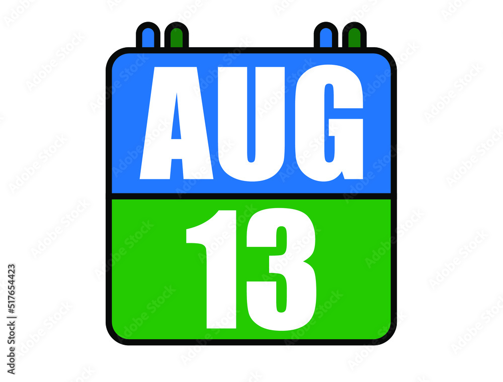 13 August calendar. Blue and green calendar page for August days. Vector isolated on white background. 13 August calendar. Blue and green calendar page for August days. Vector isolated on white background.