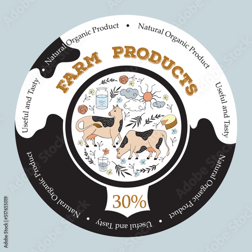 ows, milk can, sun, clouds and flowers. Round background for the design of agricultural products.