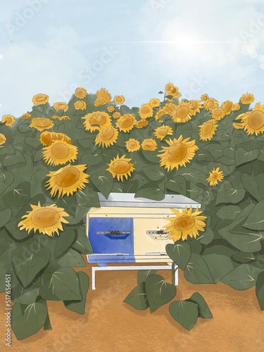 Beehive with bees in a field of sunflowers
