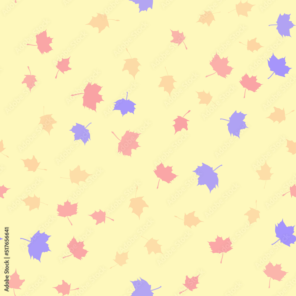 Seamless vector pattern with pink, blue and brown maple leaves on a light background. Modern trendy botanical texture for fabric print, wrapping paper