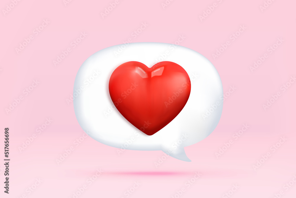 Photo frame with heart and love emoji icon, like and play in red bubble icons. 3d heart vector render illustration, 3D social media online platform concept, online social communication on applications
