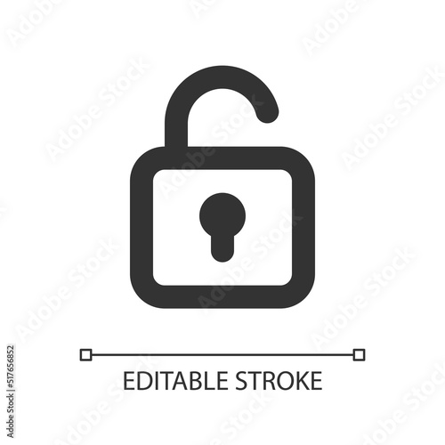 Unlocked padlock pixel perfect linear ui icon. Security setting. Folder access control. GUI, UX design. Outline isolated user interface element for app and web. Editable stroke. Arial font used