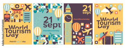 World tourism day geometric greeting card, poster vector collection set