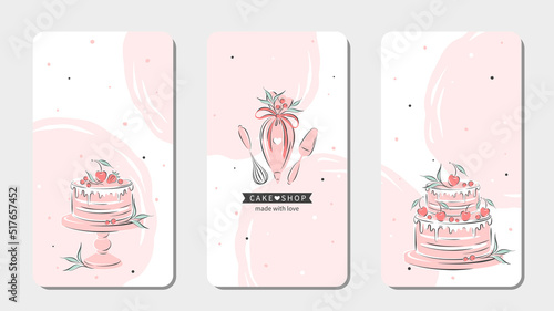 Cake shop logo. Set of design sample for pastry and bread shop. Kitchen tools for baking. Cakes and berries. Vector illustration