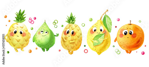 Watercolor set of cute  fruit.  Illustration with funny characters. Orange, lime Pineapples and lemon. isolated on a white background. © Tatiana Ka