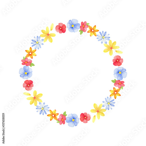 Watercolor hand drawn summer frame. Cute multicolored flowers, isolated on a white background.