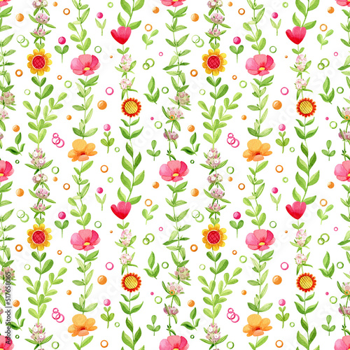 Wallpaper Mural Watercolor floral seamless pattern. Cute  flowers, herbals, leaves and confetti, isolated on a white background. Torontodigital.ca