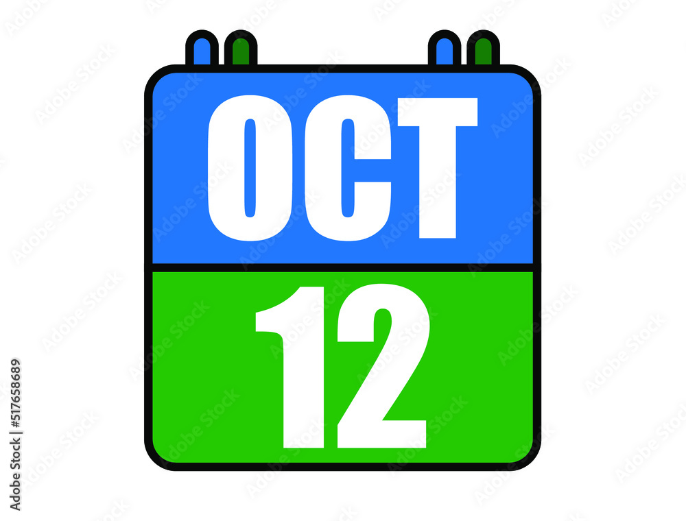 Fototapeta premium 12 October calendar. Blue and green calendar page for October days. Vector isolated on white background.
