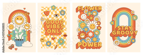 Groovy hippie 70s posters. Funny cartoon flower, rainbow, love, daisy etc. Vector cards in trendy retro psychedelic cartoon style. Vector backgrounds. Flower power. Stay groovy. Good vibes.