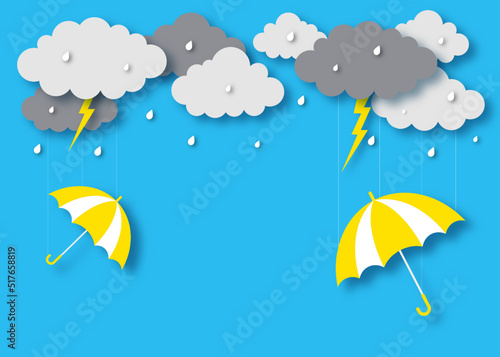 happy monsoon season background. rainbow in the rainy. paper art style. vector Illustration.