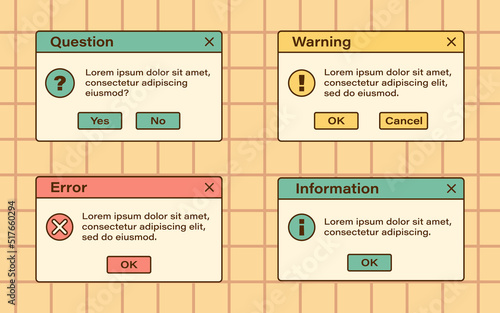 Vector set of retro vaporwave modal windows. Vintage error, information, warning and question dialog windows. Nostalgic UI. Retro computer interface.