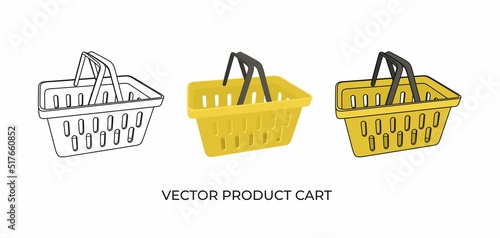 Three types of grocery baskets. To go shopping. Shop online. Yellow plastic empty grocery basket. Vector product cart.