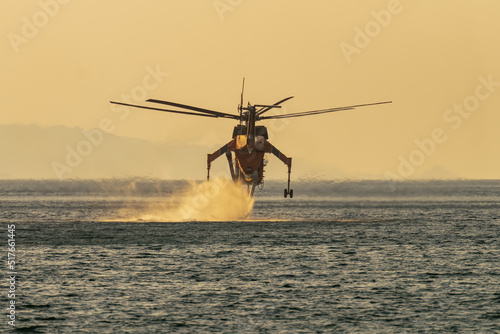 Fire helicopter Sikorsky S-64 up in the sky at Loutraki in Greece for the big fire.