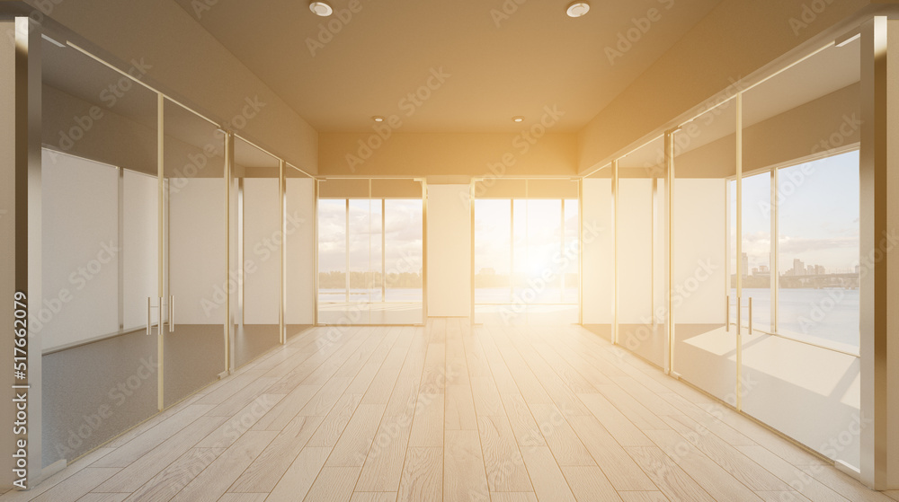 Obraz premium Sunset.. Modern meeting room. 3D rendering.