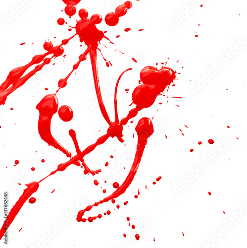 Drops of red paint on a white background.