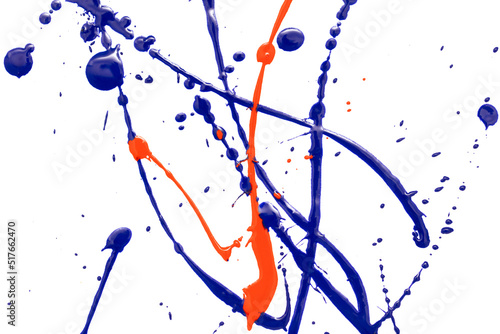 Drops of red and blue paint on a white background.