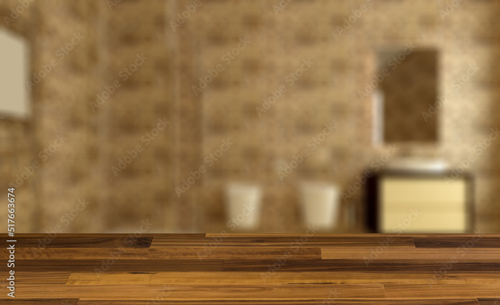 Spacious bathroom in gray tones with heated floors, freestanding. Background with empty wooden table. Flooring. Spacious bathroom in gray tones with heated floors, freestanding. Background with empty wooden table. Flooring.