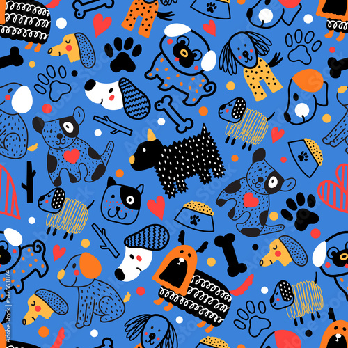 Cute doggie. Funny children's seamless pattern. Can be used in textile industry, paper, background, scrapbooking.Vector.