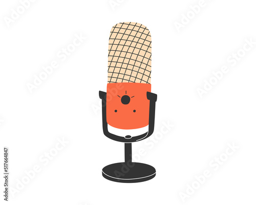Hand drawn cute cartoon illustration of microphone. Flat vector sound recording studio sticker in simple colored doodle style. Audio device icon or print. Isolated on white background.