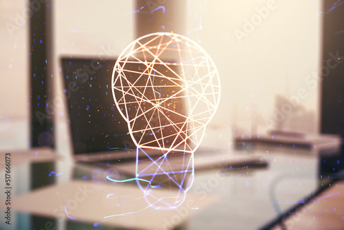 Double exposure of creative light bulb hologram on laptop background, research and development concept