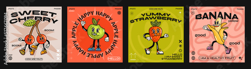 Cartoon characters fruits and berries in retro poster style, funny colorful doodle style characters, cherry, apple, strawberry, banana. Vector illustration with typography elements