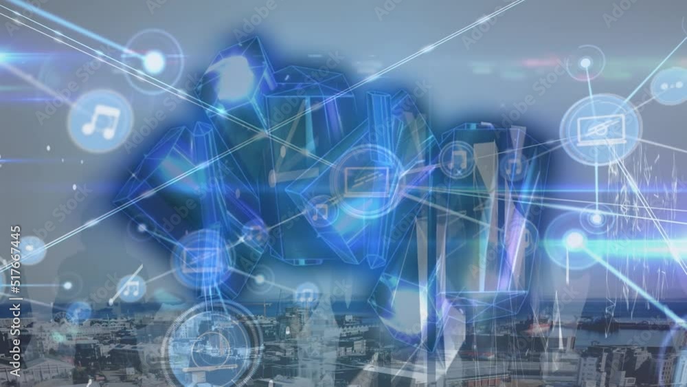 Animation of network of connections with icons and blue diamonds over cityscape Animation of network of connections with icons and blue diamonds over cityscape