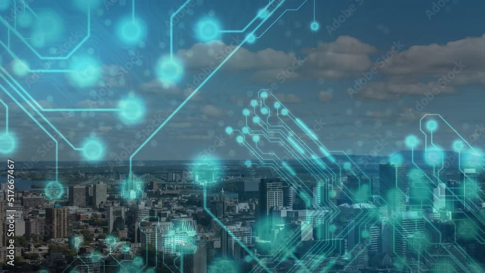 Animation of integrated circuit over cityscape Animation of integrated circuit over cityscape